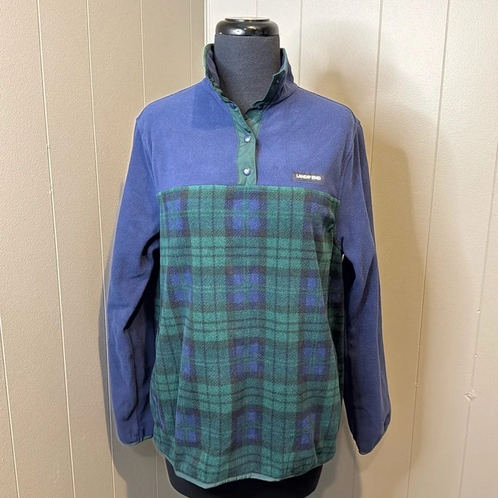 Women's Lands' End Heritage Quarter-Snap Fleece Pullover Small Plaid Pockets